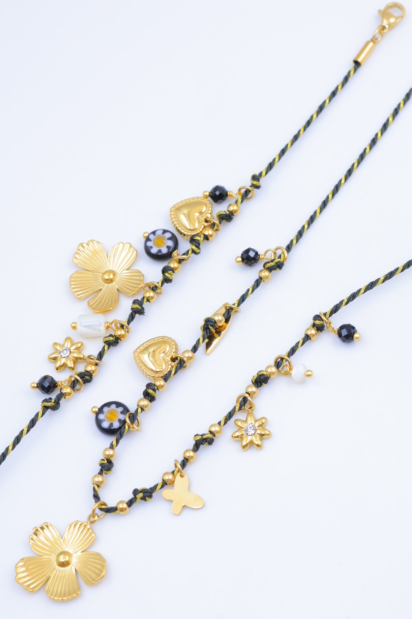 Parure de bijoux noire avec collier et bracelet charms en acier inoxydable