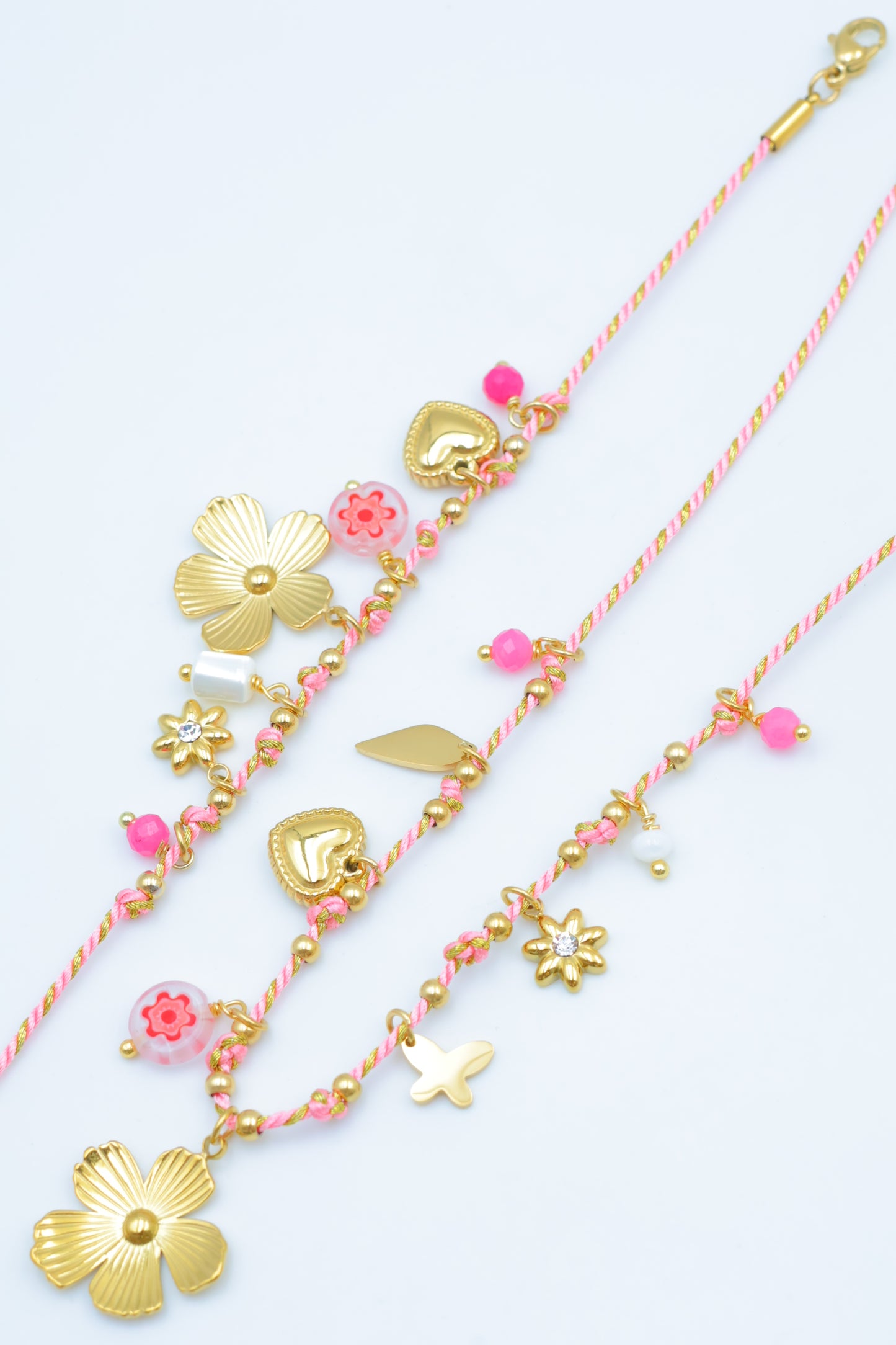 Parure de bijoux rose en acier inoxydable avec collier et bracelet fleuris